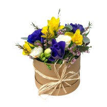 Cutie natur cu anemone, narcise, frezii si chamelaucium