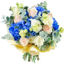 Buchet cu hortensie, lisianthus si trandafiri