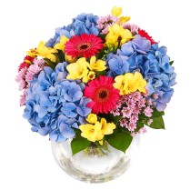 Buchet cu hortensie, frezii, crizantema si gerbera