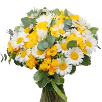 Buchet cu trandafiri si frezii galbene margarete si crizanteme