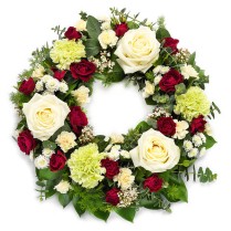 Coroana funerara cu garoafe si tradafiri rosii si albi