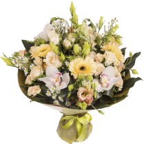 Buchet cu orhidee, lisiantus, minirose si gerbera