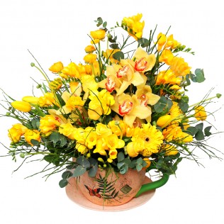 Aranjament orhidee, frezii, lalele, ranunculus, minigerbera