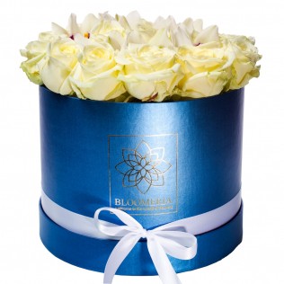 Cutie cu 17 trandafiri albi si cymbidium