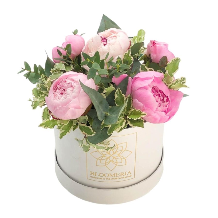 aranjament floral in cutie cu bujori pentru nunta si evenimente