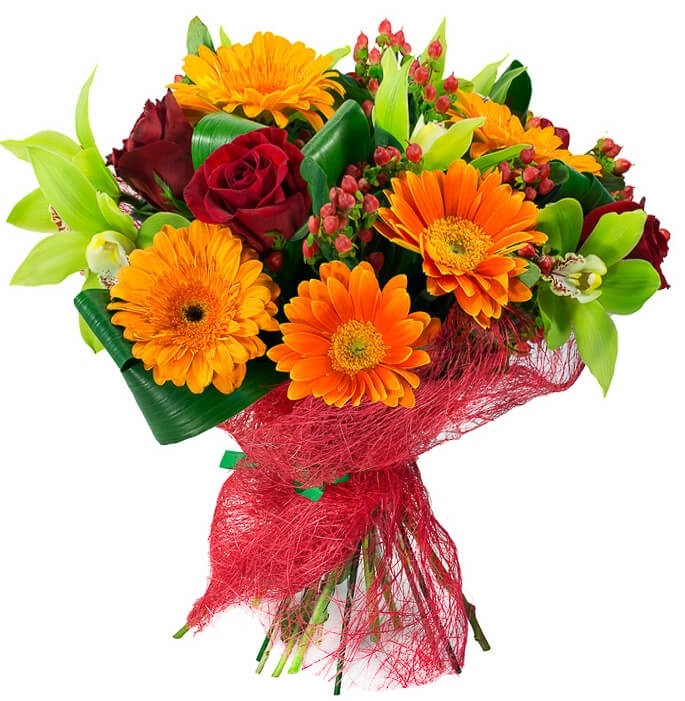 Buchet cu orhidee, trandafiri, hypericum si gerbera