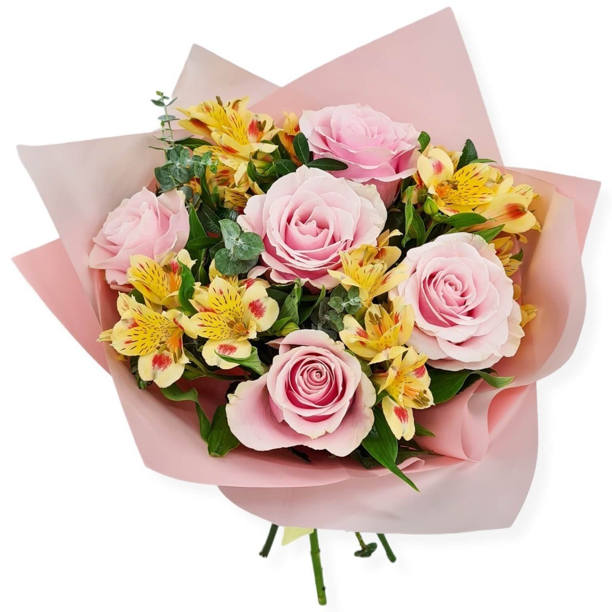Buchet zi de nastere cu trandafiri si alstroemeria