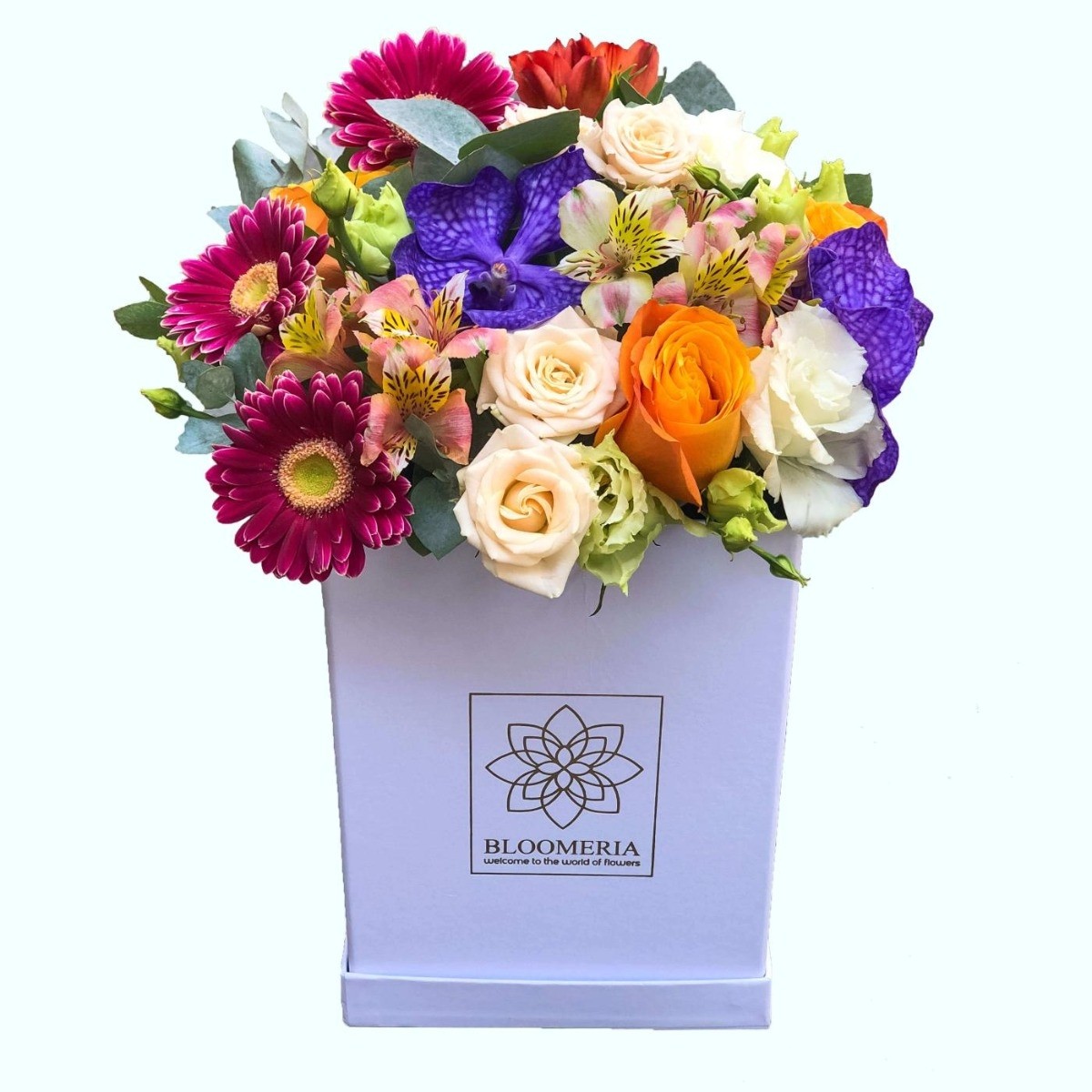 Cutie alba cu gerbera, trandafiri si lisianthus